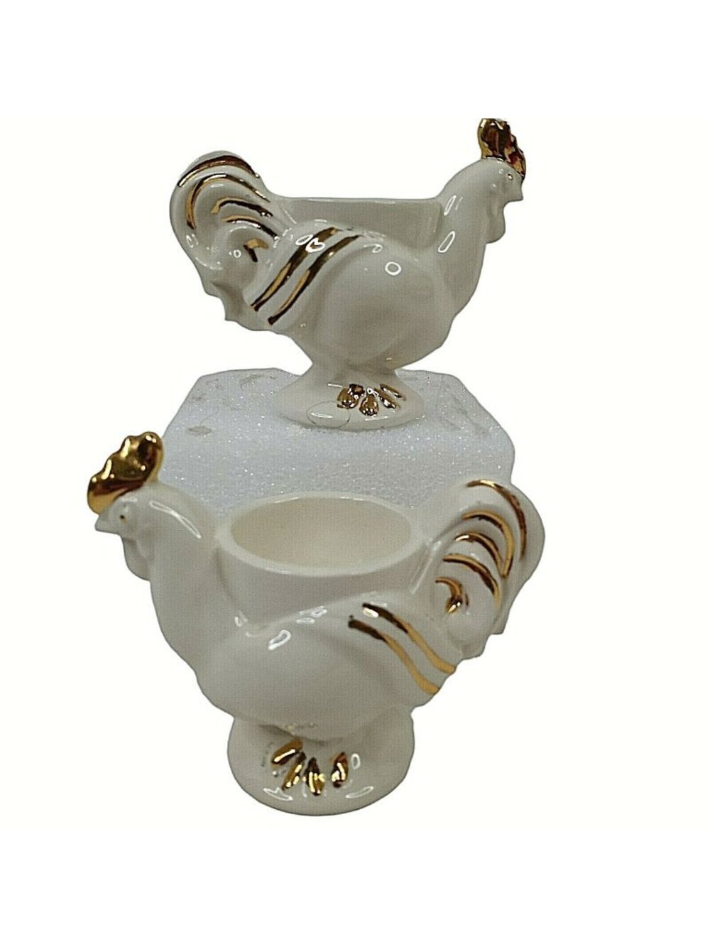 Vintage Rooster Chicken Egg Cup Holder White Gold Set of 2